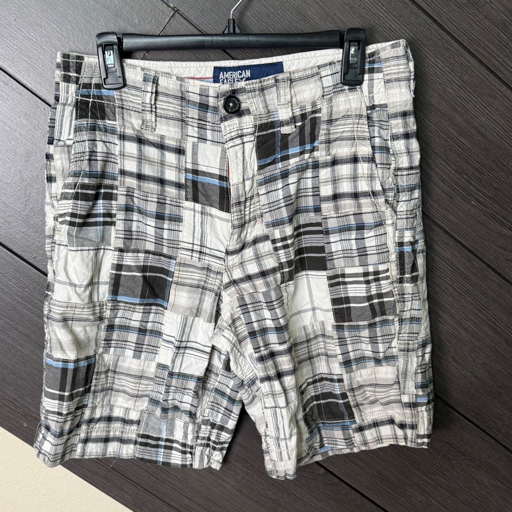 American Eagle Men's Y2K Plaid Patchwork Shorts Size‎ 32 Gray Blue Cotton